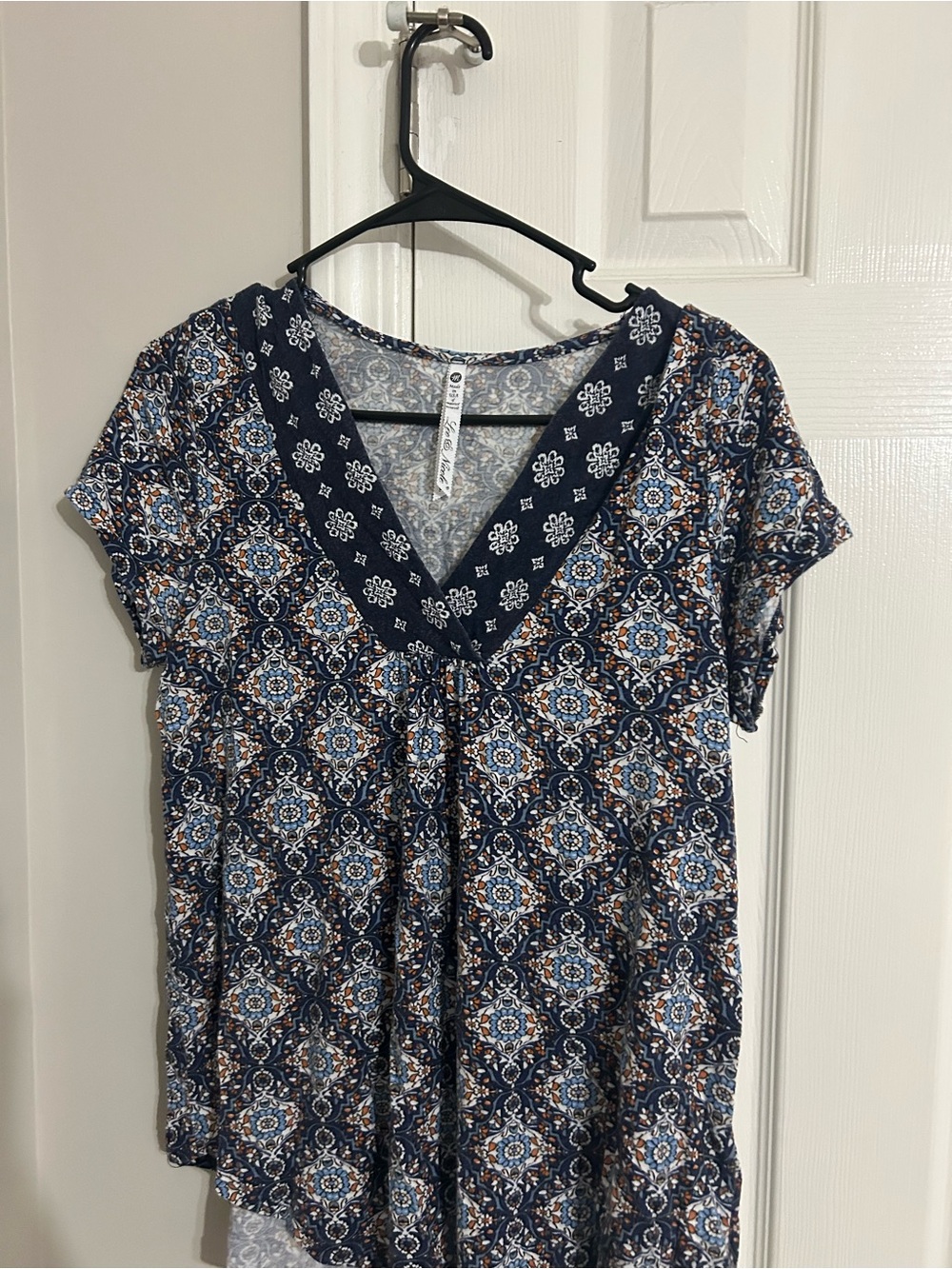 Women's Navy Patterned V-Neck Top